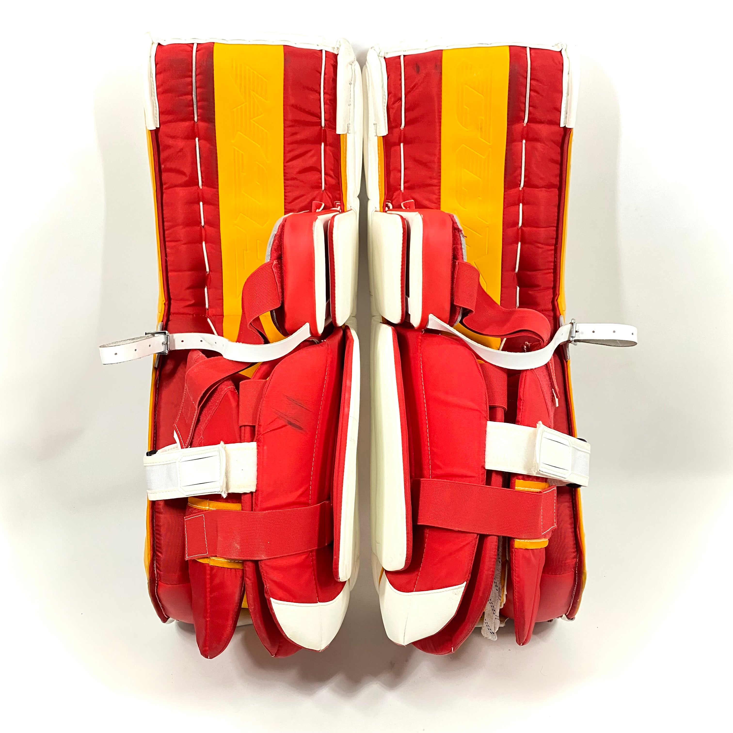 CCM Extreme Flex 5 - Jambières de gardien de but AHL Pro Stock d'occasion (blanc/rouge/jaune)